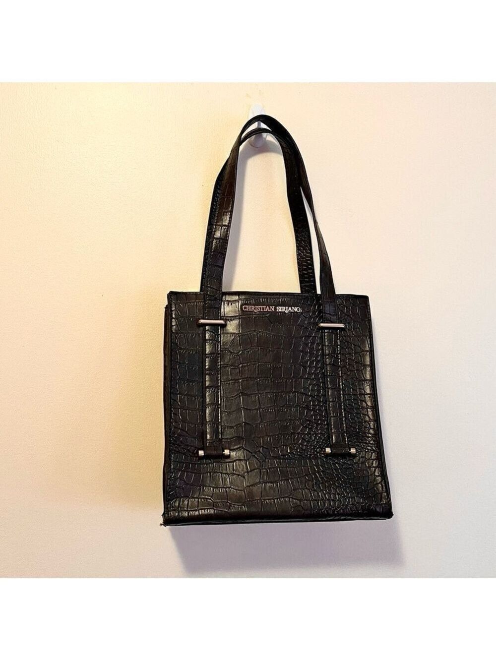 Christian Siriano Elegant Brown Shoulder Bag Tote Faux Crocodile Textured